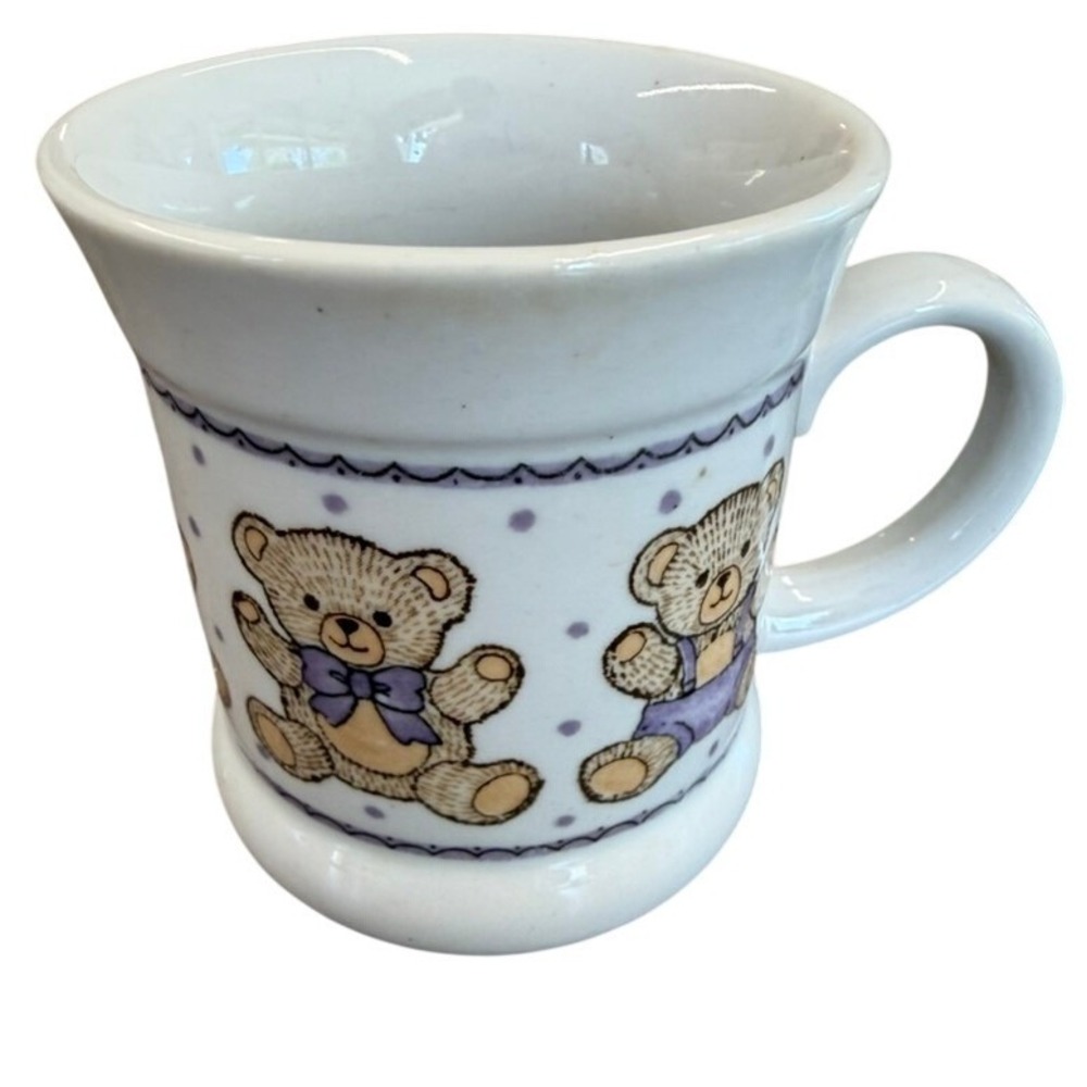 Vintage Teddy Bear Ceramic Coffee Mug White Purple Polka Dot Country Cottagecore